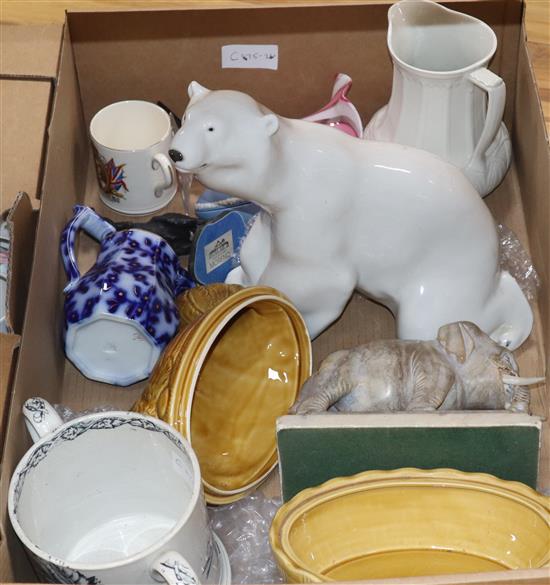 A Russian pottery polar bear, a 19th century two handled mug, a hardstone elephant etc.